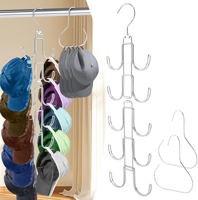 Hat Organizer for Closet, 10-Hook Hanging Hat Organizer with 2pcs Single Hook Hats Racks, Rotatable Space Saving Metal Hats Storage for Baseball Caps, Holds Up to 50 Baseball Caps