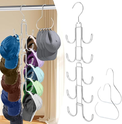 Hat Organizer for Closet, 10-Hook Hanging Hat Organizer with 2pcs Single Hook Hats Racks, Rotatable Space Saving Metal Hats Storage for Baseball Caps, Holds Up to 50 Baseball Caps