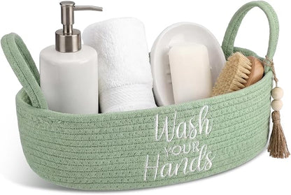 Wash Your Hands Bathroom Decoration Green Cotton Rope Toilet Basket Toilet Paper Holder Basket Rustic Bathroom Organizer Farmhouse Home Decoration Organizing Small Baskets
