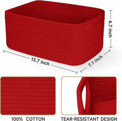 3-Pack Storage Baskets for Organizing | Woven Shelf Toy Basket | Rope Baskets for Gifts Empty | Closet Organizer Bins with Handles | Cube Decorative Box | 13.7×7.1×6.7” | Red