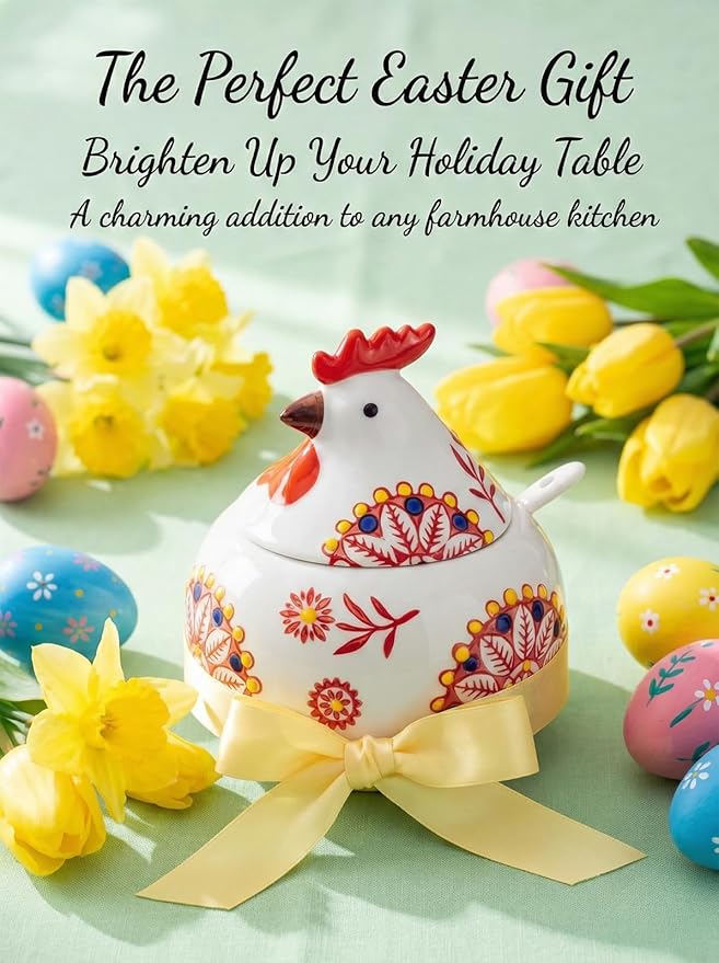 Ceramic Salt Cellar with Lid and Spoon 13oz Large Chicken Rooster Cookie Jar Salt Containers Holder for Counter, Coffee, Sugar, Spices and Candies Holder Ideal for Easter Day Home Kitchen Decor (Red)