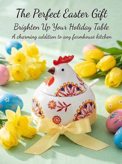 Ceramic Salt Cellar with Lid and Spoon 13oz Large Chicken Rooster Cookie Jar Salt Containers Holder for Counter, Coffee, Sugar, Spices and Candies Holder Ideal for Easter Day Home Kitchen Decor (Red)