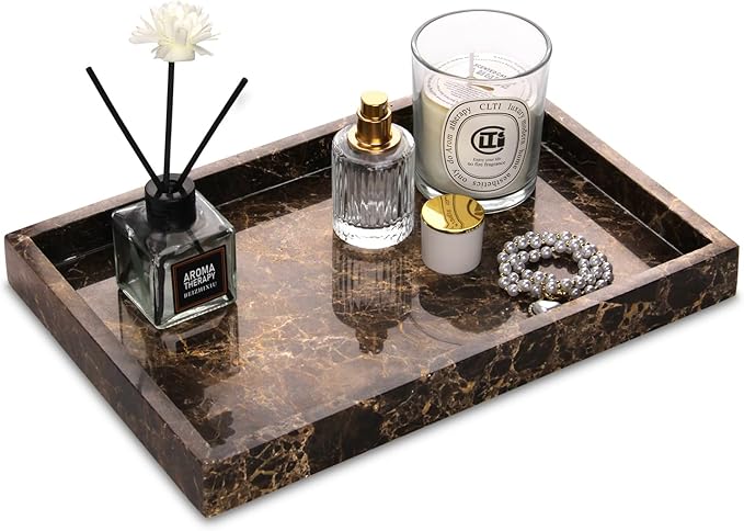 Marble Bathroom Vanity Tray, Natural Luxury Vanity Home Kitchen Bathroom Table Tray, Stone Decorative Countertop Dresser Trays for Key Coffee Perfume Jewelry Makeup (Dark Brown, 12"x 8" x1.2")