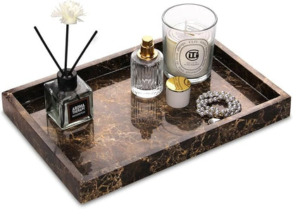 Marble Bathroom Vanity Tray, Natural Luxury Vanity Home Kitchen Bathroom Table Tray, Stone Decorative Countertop Dresser Trays for Key Coffee Perfume Jewelry Makeup (Dark Brown, 12"x 8" x1.2")