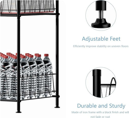 smusei Water Bottle Organizer Rack 4 Tier Free Standing Bottled Water Storage Organizer for Floor, Metal Beverage Soda Can Dispenser Shelf Holder Stand for Kitchen Pantry Office, Black