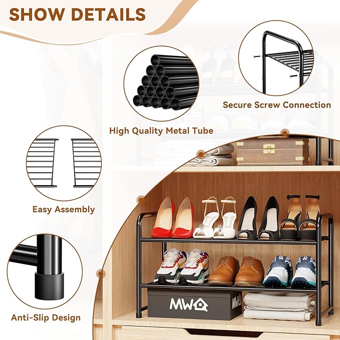 Simple Shoe Rack, 2 Tier Heavy Duty Metal Shoe Shelf 27 Inch Wide, Black