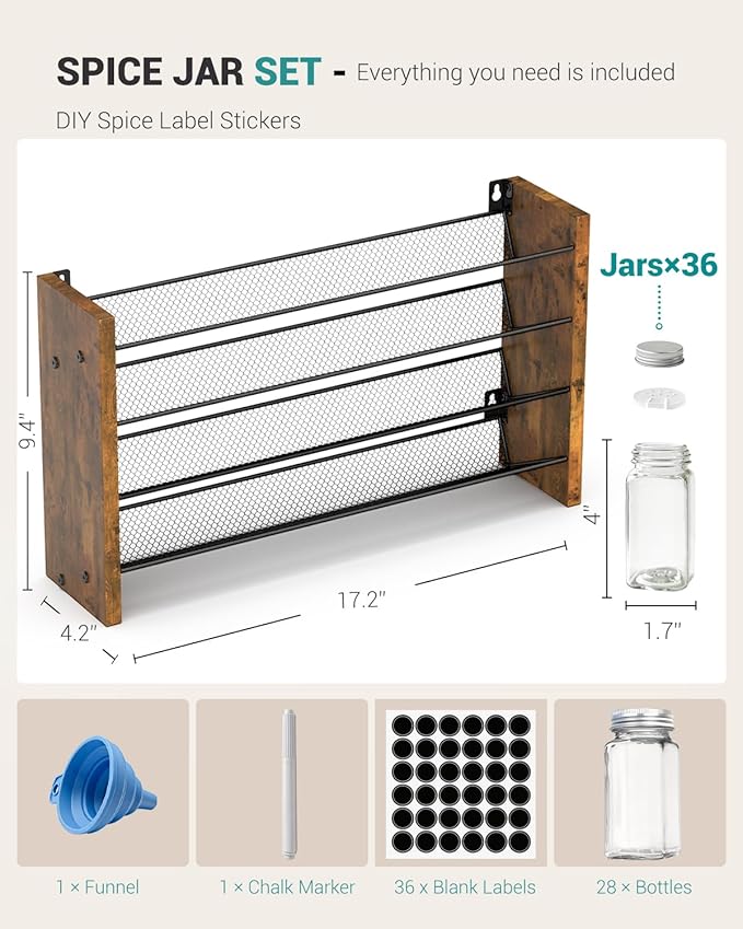 NESAPTO Spice Rack Organizer with 36 Glass Spice Jars, Wood 4-Tier Seasoning Organizer with Labels for Cabinet, Pantry, Countertop or Wall Mount, Chalk Marker and Funnel Set, 17.2" W × 9.4" H