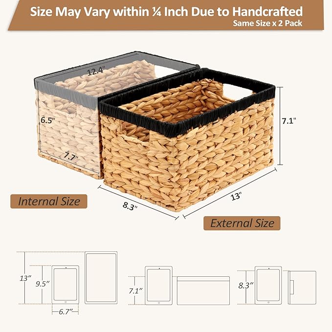 Edergoo Wicker Storage Basket 2 Pack, Water Hyacinth Storage Baskets with Built-in Handles, Large Wicker Baskets for Storage & Organizing, Natural with Black