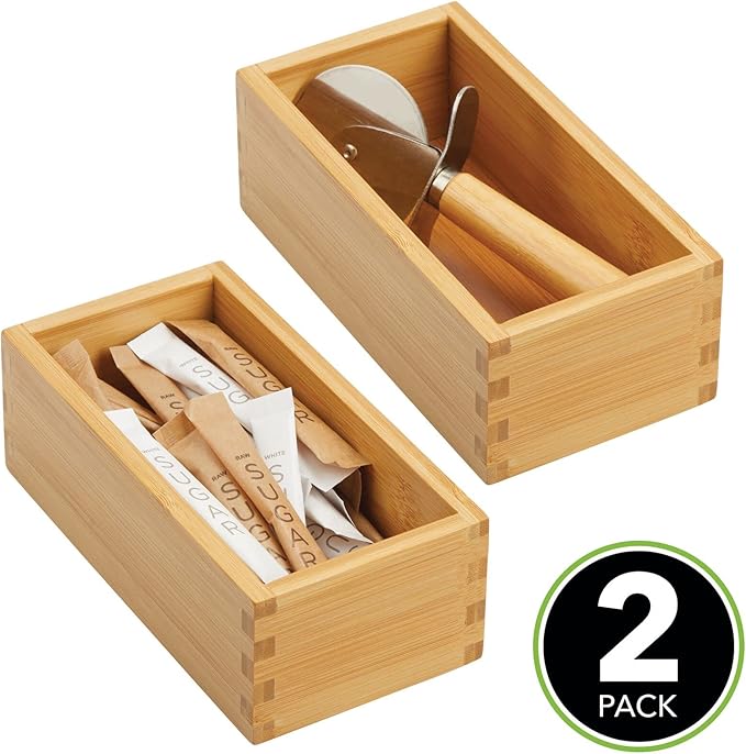 mDesign Bamboo Storage Bin Container, Drawer Organizer Crate Boxes for Kitchen Pantry Cabinet, Shelf, Island or Countertop, Holds Snacks, Spices, or Drinks, Echo Collection, 2 Pack, Natural/Tan