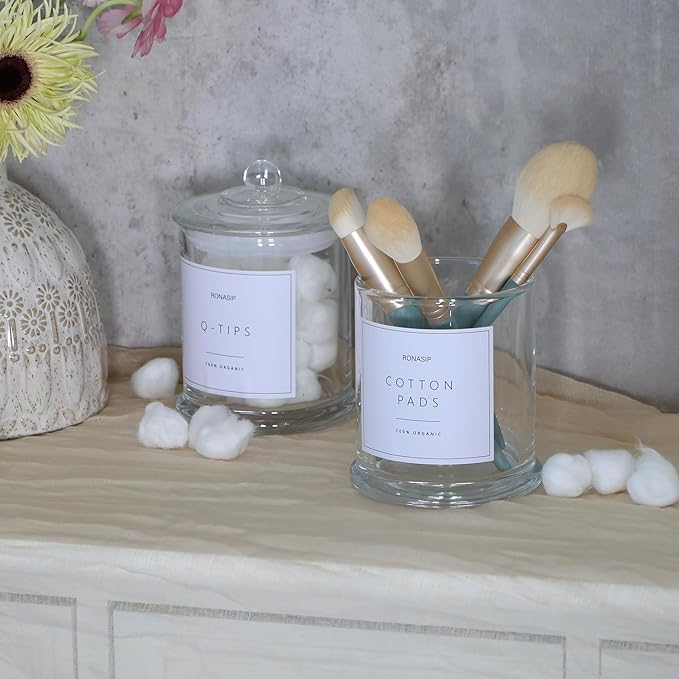 Ronasip Qtip Holder & Cotton Pad Dispenser, Bathroom Organizer and Storage Canisters, 16oz Glass Apothecary Jars for Kitchen, Restroom - Home Decor, Room Decor Aesthetic (2 Pack, Transparent)
