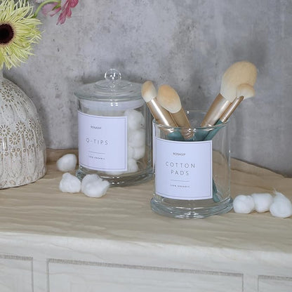 Ronasip Qtip Holder & Cotton Pad Dispenser, Bathroom Organizer and Storage Canisters, 16oz Glass Apothecary Jars for Kitchen, Restroom - Home Decor, Room Decor Aesthetic (2 Pack, Transparent)