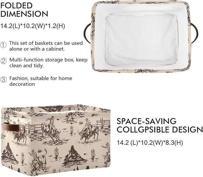 West Cactus Cowboy Large Storage Basket Cube Storage Bin Canvas Fabric Organizer Handles Collapsible Decorative for Clothes Toys Bedroom
