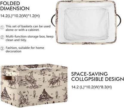 West Cactus Cowboy Large Storage Basket Cube Storage Bin Canvas Fabric Organizer Handles Collapsible Decorative for Clothes Toys Bedroom