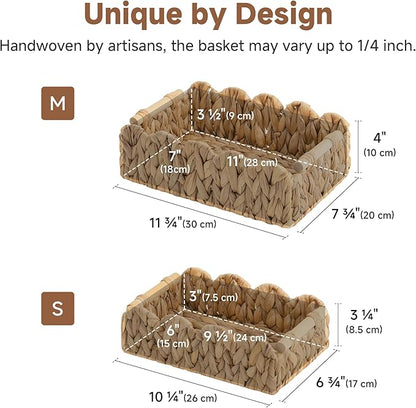 StorageWorks Toilet Paper Basket 2 Pack, Back of Toilet Basket with Wooden Handles, Small Wicker Decorative Scalloped Baskets for Organizing, Living Room Storage, Natural Water Hyacinth
