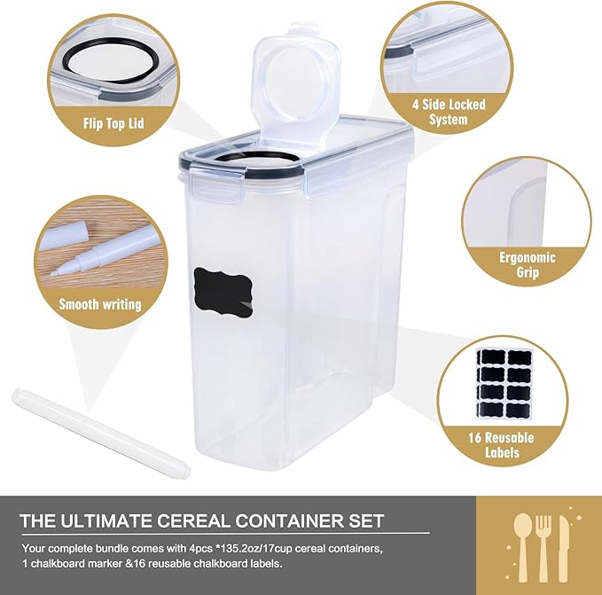 FOOYOO Cereal Containers Storage Set - 4 Piece Airtight Large Food Storage Containers(135.2oz), BPA Free Dispenser Plastic Cereal Storage Containers