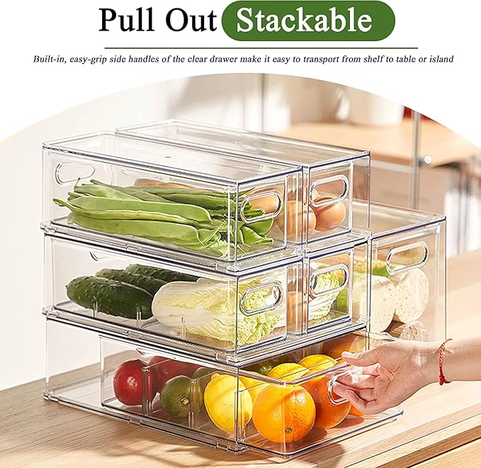 bealy Clear Drawer Organizer with 3 Dividers, Fruit Containers for Fridge Organization, Clear Stackable Storage Drawers, BPA Free, 6.34QT