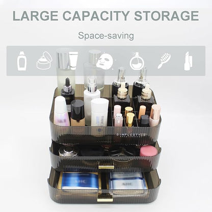 Makeup Organizer with 2 Drawers, Cosmetics Organizer for Bedroom and Bathroom Vanity Countertops, Large Capacity Cosmetic Storage Box for Skincare Cream Perfume Lipstick Dresser Counter-Black