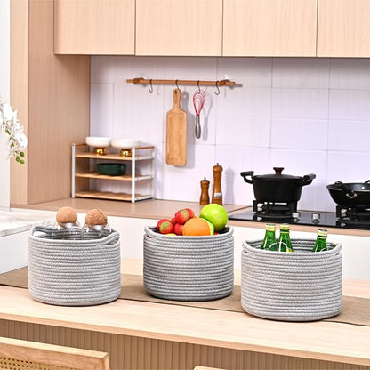 ICERZCZ Small Storage Baskets for Organizing, Organizer Baskets for Shelves, Small Woven Basket for Storage, Cute Basket for Gifts Empty, Soft Cotton Rope Baskets, 9.7"×9.7"×7" (3 Packs) Grey