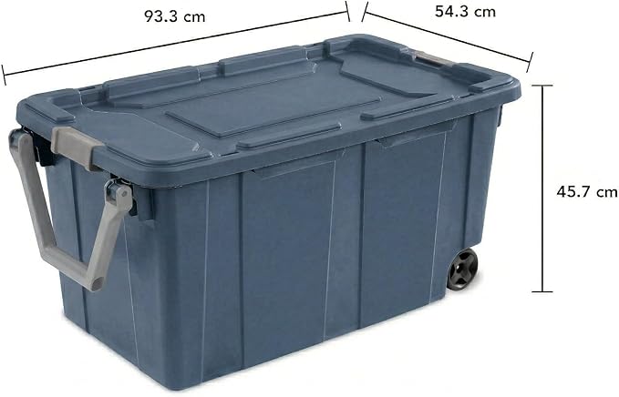 Extra Large 40 Gallon Wheeled Industrial Storage Bins, Heavy Duty Plastic Stackable Totes with Latch Lids and Pull Handle for Garage, Basement, and Moving, Blue, 2 Pack