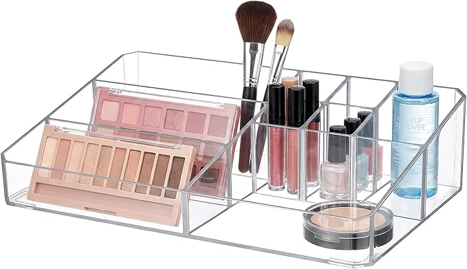 Acrylic Cosmetic Organizer, Transparent Plastic Makeup Holder, Compartmented, Shatter-Proof, Perfect Bathroom Vanity Storage Solution for Beauty Supply, Large