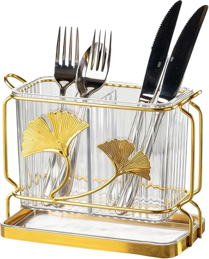 2-Compartment Transparent Silverware Organizer, Drip Tray, Suspended Utensil Caddy for Forks, Spoons, Knives, Elegant Cutlery Holder for Kitchen Countertop, Party Use