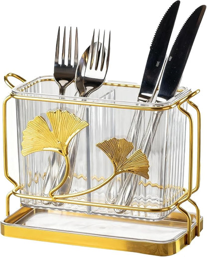 2-Compartment Transparent Silverware Organizer, Drip Tray, Suspended Utensil Caddy for Forks, Spoons, Knives, Elegant Cutlery Holder for Kitchen Countertop, Party Use