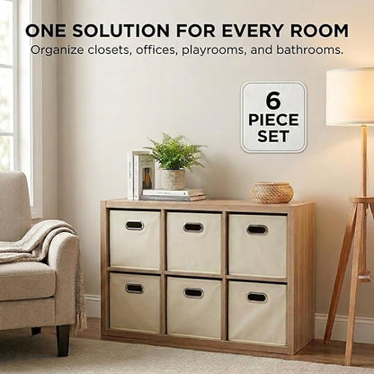 Fabric Storage Bins 6 Piece Set, Strong Poly-Woven Fabric, Sturdy Chipboard Sides, Grommet Front Handle, Stackable and Foldable, Classic Design, Cream