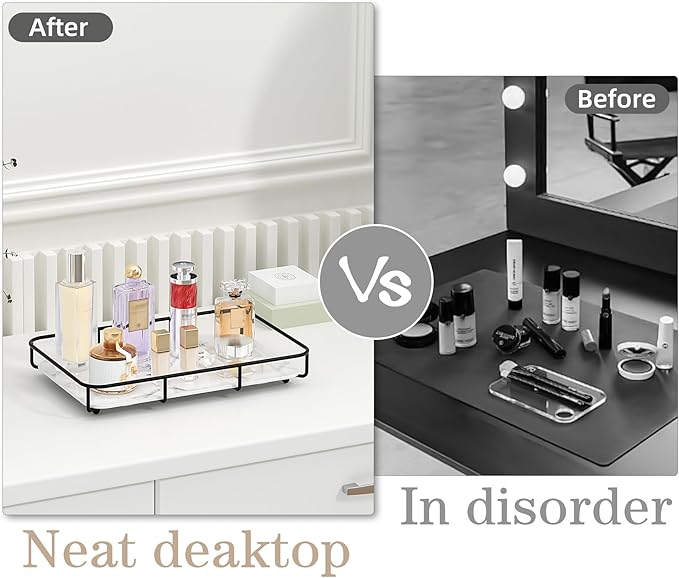 Dobbyby Vanity Tray Makeup Organizer Cosmetics Storage Bathroom Skincare Organizer Countertop Display Rack in Dresser Stainless Steel Shelf Marble Print Ceramic Trays