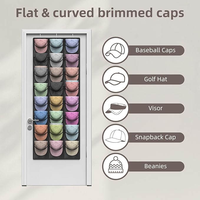 Hat Organizer Racks for Baseball Caps, 24 Deeper Pockets Baseball Hat Rack, Cap Rack, Hat Rack for Door with 3 Hooks