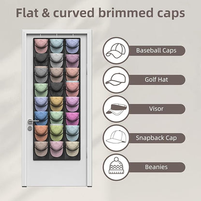 Hat Organizer Racks for Baseball Caps, 24 Deeper Pockets Baseball Hat Rack, Cap Rack, Hat Rack for Door with 3 Hooks