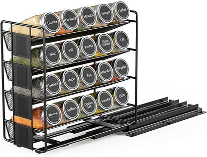 SpaceAid Pull Out Spice Rack Organizer with 20 Jars, Heavy Duty Slide Out Seasoning Organizer for Kitchen Cabinets, with 801 Labels and Chalk Marker, Right Facing