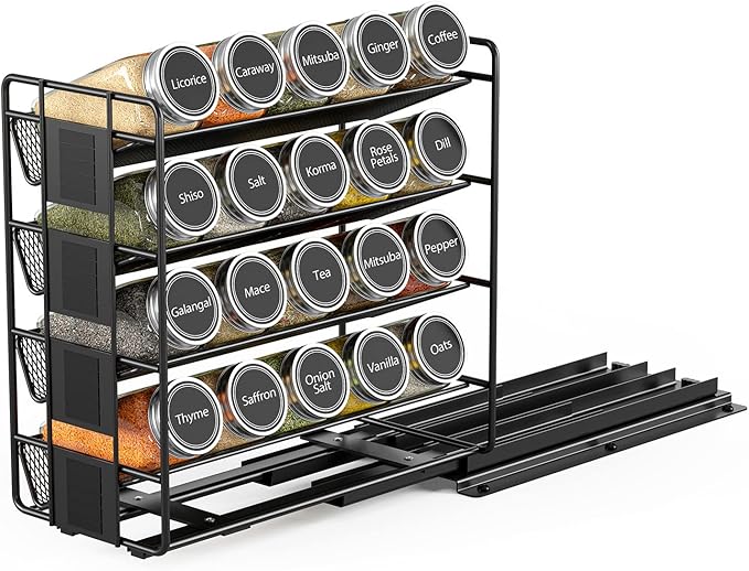 SpaceAid Pull Out Spice Rack Organizer with 20 Jars, Heavy Duty Slide Out Seasoning Organizer for Kitchen Cabinets, with 801 Labels and Chalk Marker, Right Facing (Pack of 2)
