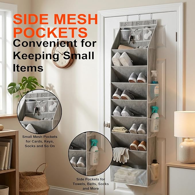 Over the Door Shoe Organizer, Clear Pockets Hanging Shoe Storage With 20 Dust-Proof Bags, Hanging Closet Shoe Storage with Large Deep Pockets, Fits 16–24 Pairs of Sneakers, Sandals, Boots, Gray