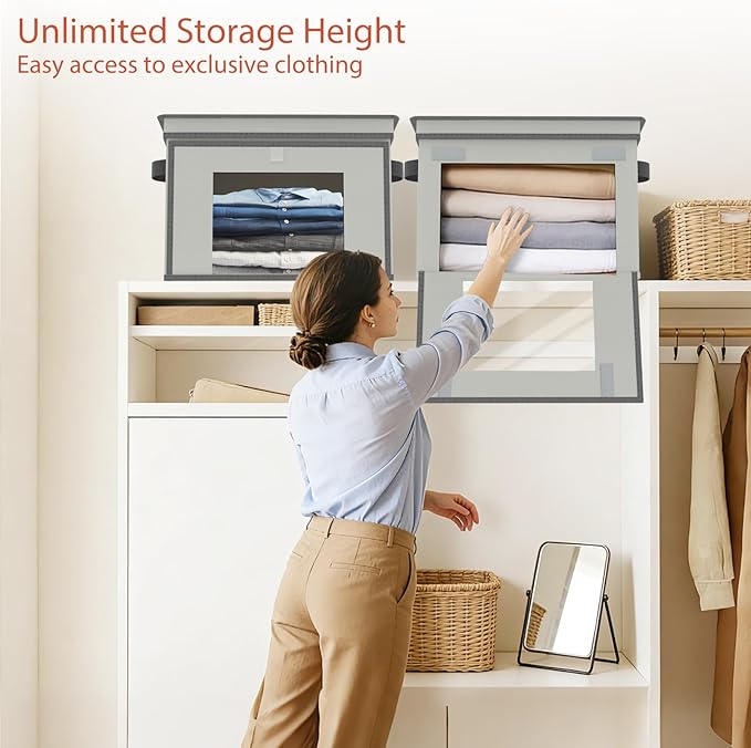 Univivi Storage Bins with Lids, Large Closet Organizers and Storage with Handles & Window, Foldable Fabric Storage Boxes with Lids for Home, Closet, Bedroom, 4 Pack, (Gray, 16.5“ x 12” x 12")