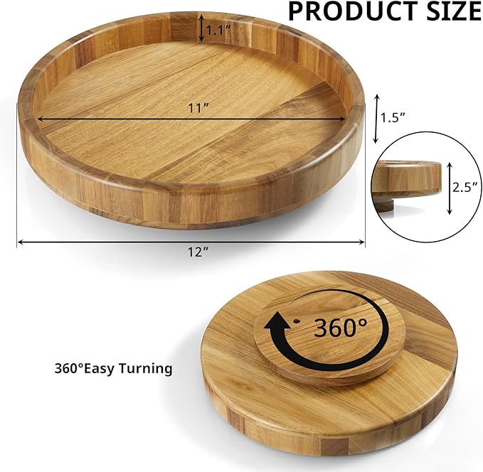 12'' Acacia Wood Lazy Susan Organizer Turntable for Cabinet, Round Wooden Spice Organization and Storage, Rotating Condiment Organizer for Pantry, Kitchen, Cupboard, Table Top, Countertop