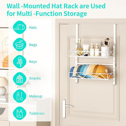 HapiRm Over the Door Hat Organizer - 2 Tier Wall Mounted Hat Rack with 2 Adjustable Metal Basket, Baseball Caps Organizer Storage Holds up to 20 Caps for Door, Bedroom, Closet (White)