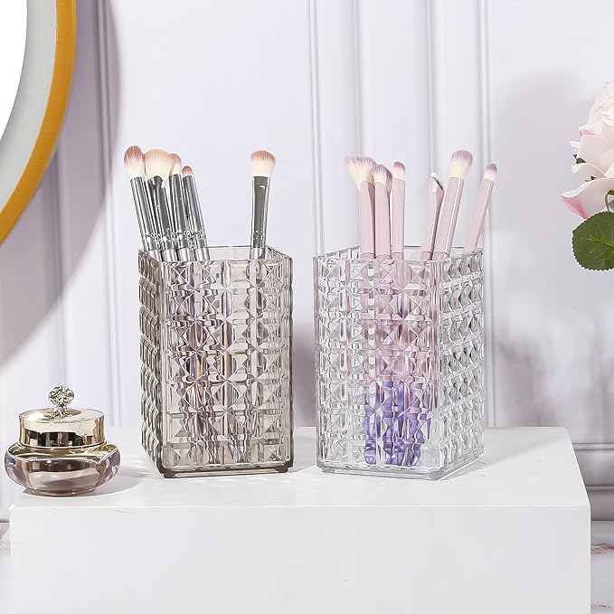 DASITON Makeup Brush Holder Organizer, Acrylic Makeup Brush Cup, Diamond Striped Make Up Brush Holder for Vanity, Bathroom Countertop, Toothbrush Holders, Pen Holder for Desk Storage (Clear)