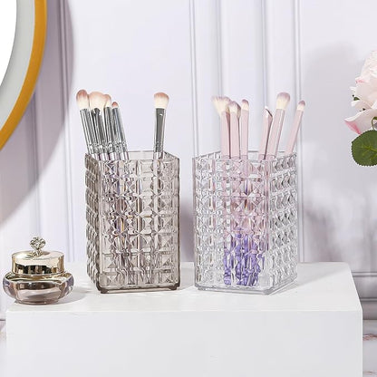 DASITON Makeup Brush Holder Organizer, Acrylic Makeup Brush Cup, Diamond Striped Make Up Brush Holder for Vanity, Bathroom Countertop, Toothbrush Holders, Pen Holder for Desk Storage (Clear)