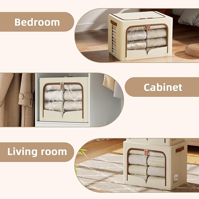 FHSQX 6 Pack Clothes Storage Bins - Foldable Storage Bins for Clothes Fabric Storage Box with Metal Frame (Beige, 16.5x12.2x12.2 inch)