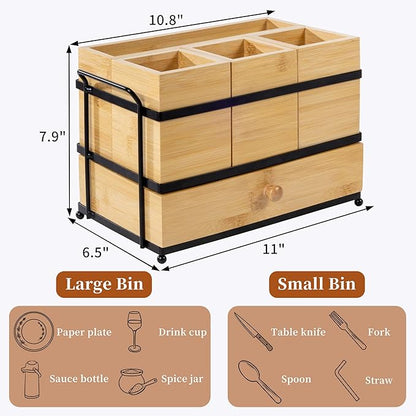 Silverware Caddy with Drawer and 4 Removable Compartments for Spoons, Forks, Plates Napkins, Flatware Organizer with Drain Holes, Bamboo Utensil Holder for Kitchen Counter, Party