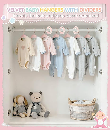 VIS'V Baby Hangers, 11 Inch Velvet Kids Hangers with 6 Pcs Clothes Size Dividers, Infant Toddler Nursery Closet Organization, Non Slip, Pink, 30 Pcs