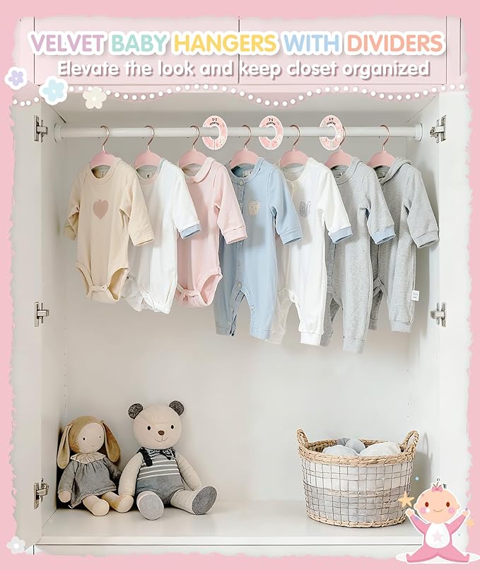 VIS'V Baby Hangers, 11 Inch Velvet Kids Hangers with 6 Pcs Clothes Size Dividers, Infant Toddler Nursery Closet Organization, Non Slip, Pink, 50 Pcs