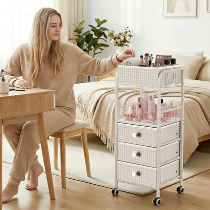 2-in-1 Makeup Organizer Cart with Removable Travel Cosmetic Bag, 5 Tier Rolling Makeup Cart on Wheels with Drawers, Floor Cosmetic Display Cases Holder for Vanity Skincare Perfume Nail Polish Storage
