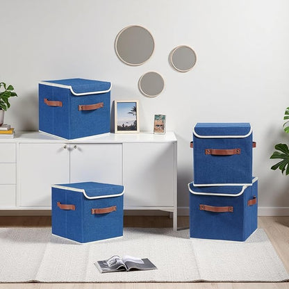 4PCS Storage Cubes with Lid Fabric Bins Boxes PU Leather Handles Cotton Linen Closet Organizer Container Decorative Foldable Washable Shelf Cloth Basket (Flip-top Lid, Deep Blue, 11in)