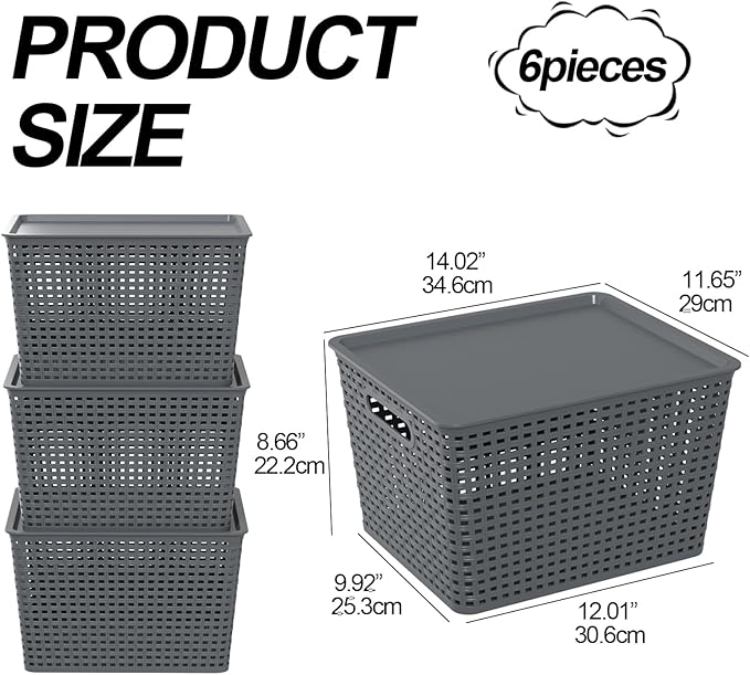 6-Pack Large Plastic Storage Baskets with Lid, Lidded Storage Organizer Bins, Gray