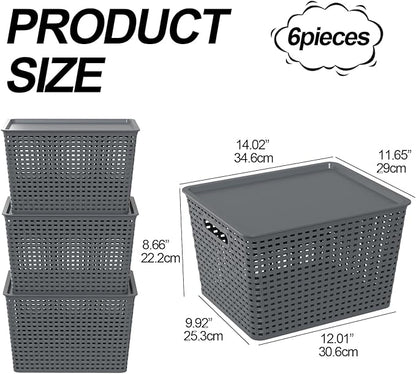 6-Pack Large Plastic Storage Baskets with Lid, Lidded Storage Organizer Bins, Gray