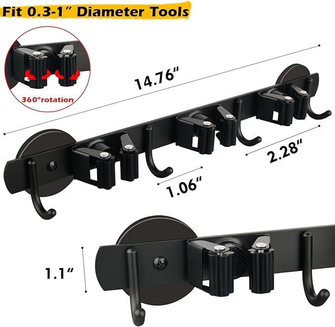 MUTUACTOR Magnetic Broom Holder,Anti-slip Heavy Duty Broom and Mop Hanger Metal Tool Holder 3 Racks and 4 Hooks for Laundry Garage Kitchen Factories Workshops Organization and Storage(1 Set)