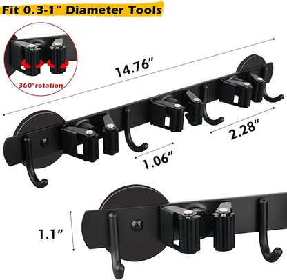 MUTUACTOR Magnetic Broom Holder,Anti-slip Heavy Duty Broom and Mop Hanger Metal Tool Holder 3 Racks and 4 Hooks for Laundry Garage Kitchen Factories Workshops Organization and Storage(1 Set)