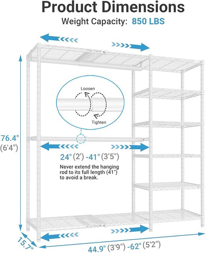 VIPEK X2 Plus Expandable Heavy Duty Clothes Rack Adjustable from 3'9"-5'2" Portable Reach-in & Walk-in Closet Rack System with Flexible Shelves and Hanger Rods Clothing Rack for Hanging Clothes, White