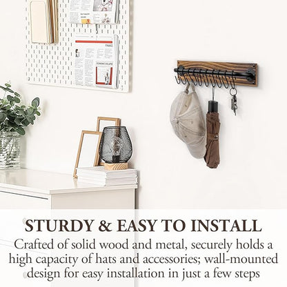 MyGift 2 Pcs Hat Rack for Baseball Cap with 10 Hooks, Floating Shelves Wall Mount with Key Holder Hooks, Cap Organizer Display, Urban Industrial Burnt Solid Wood, Matte Black Metal Pipe